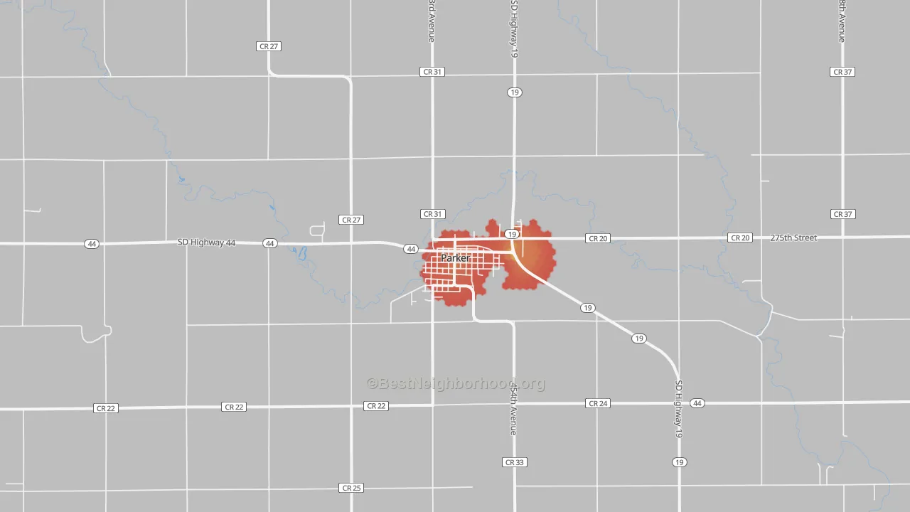 Walk Grade map of Parker, SD, walkable areas in green and car-dependent areas in red