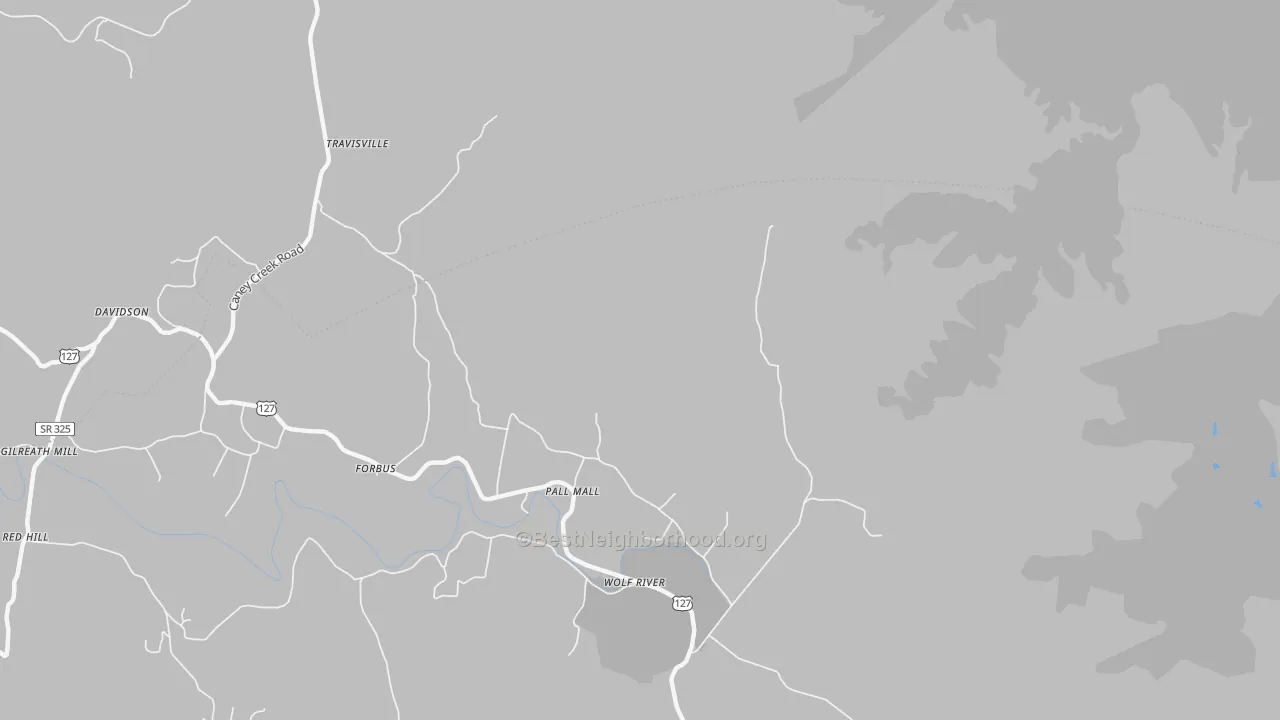 Walk Grade map of Parker, TN, walkable areas in green and car-dependent areas in red
