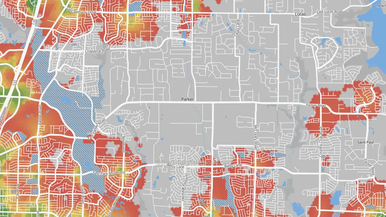 Walk Grade map of Parker, TX, walkable areas in green and car-dependent areas in red