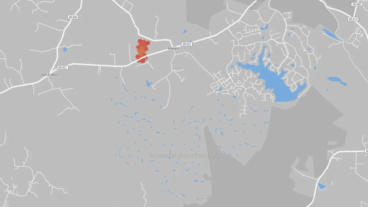 Walk Grade map of Parker, VA, walkable areas in green and car-dependent areas in red