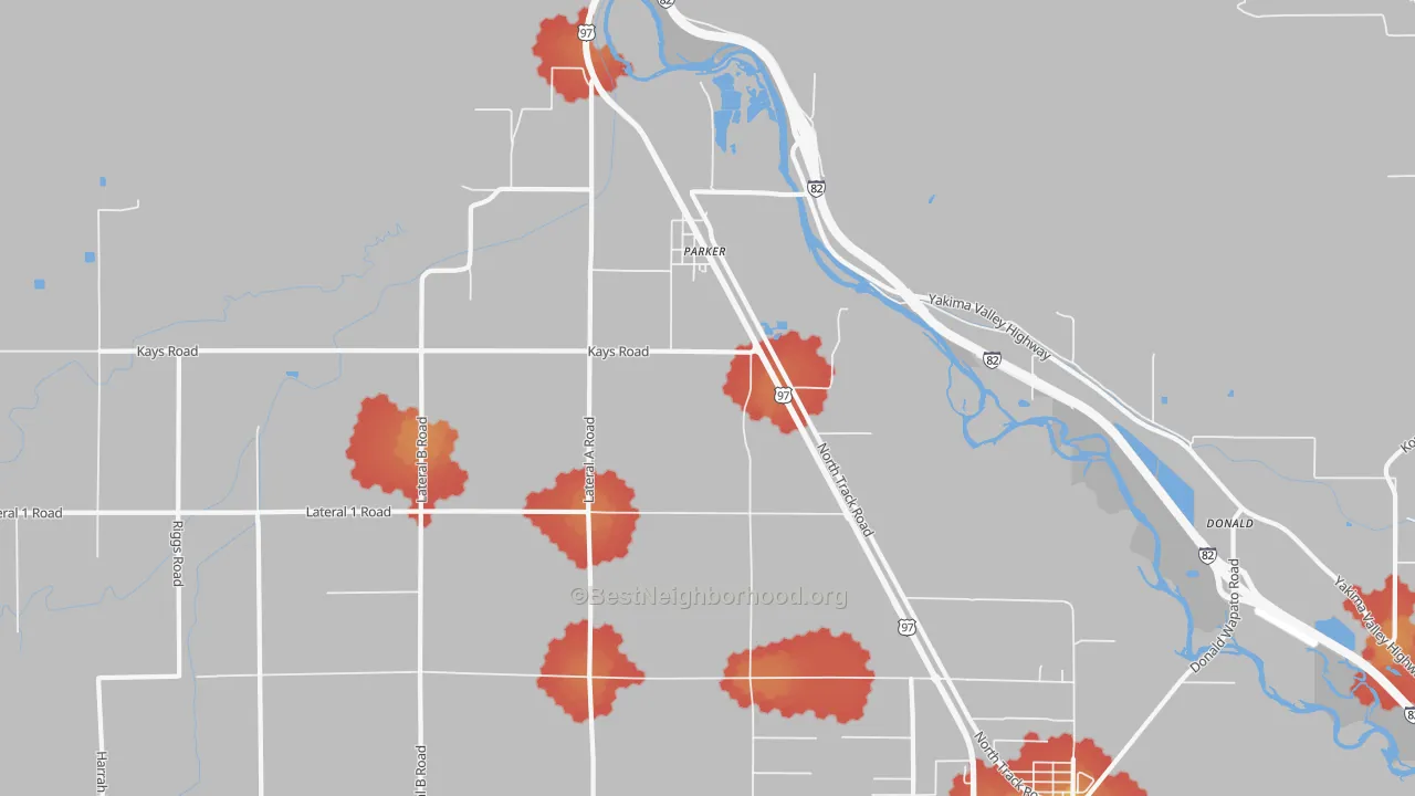 Walk Grade map of Parker, WA, walkable areas in green and car-dependent areas in red