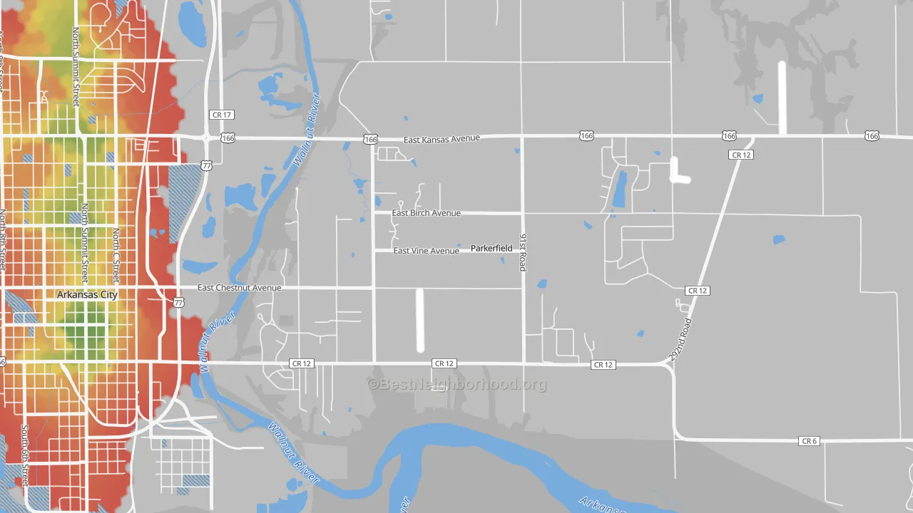 Walk Grade map of Parkerfield, KS, walkable areas in green and car-dependent areas in red