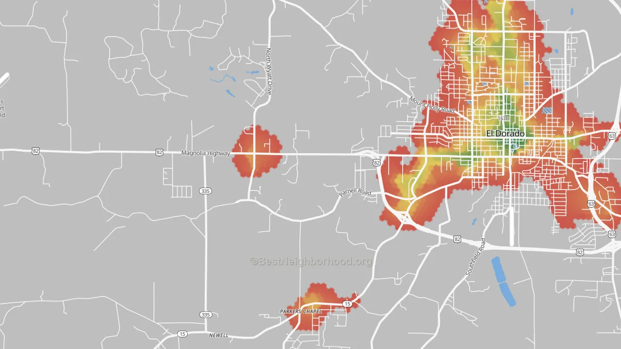 Walk Grade map of Parkers Chapel, AR, walkable areas in green and car-dependent areas in red