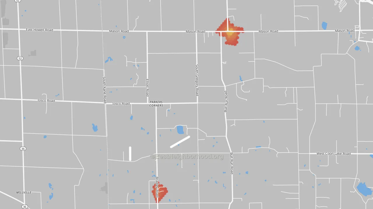 Walk Grade map of Parkers Corners, MI, walkable areas in green and car-dependent areas in red