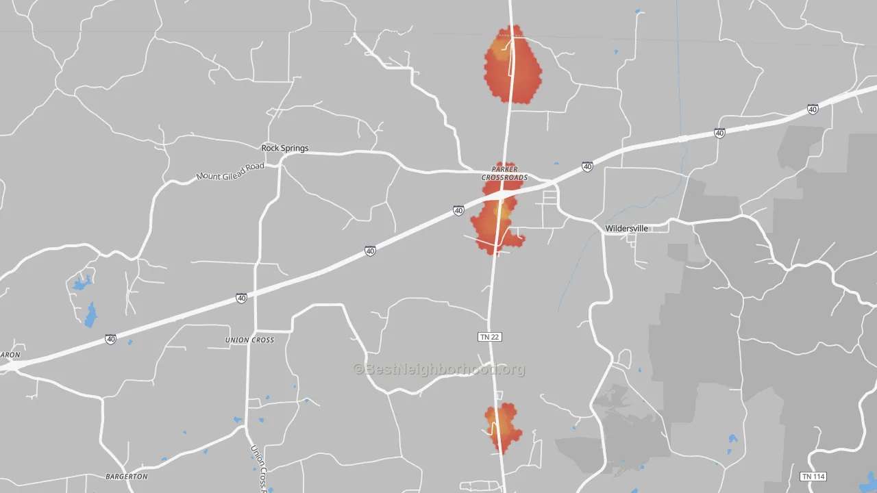 Walk Grade map of Parkers Crossroads, TN, walkable areas in green and car-dependent areas in red