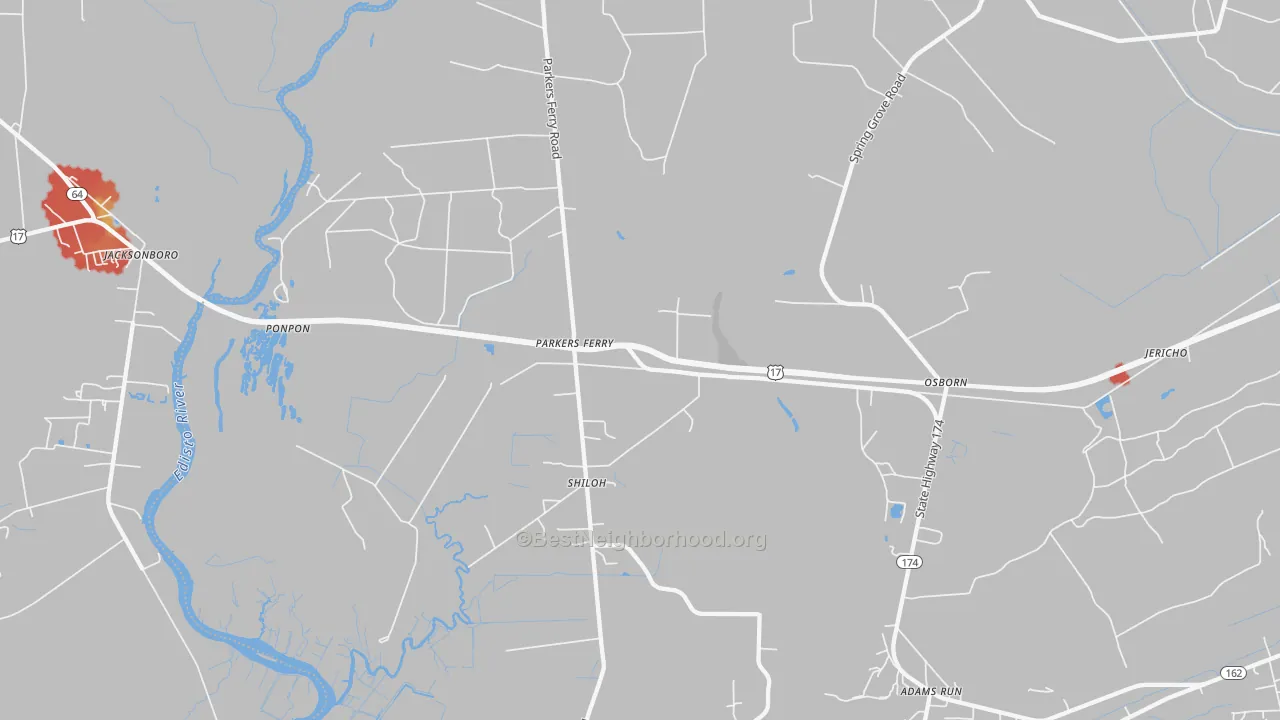 Walk Grade map of Parkers Ferry, SC, walkable areas in green and car-dependent areas in red