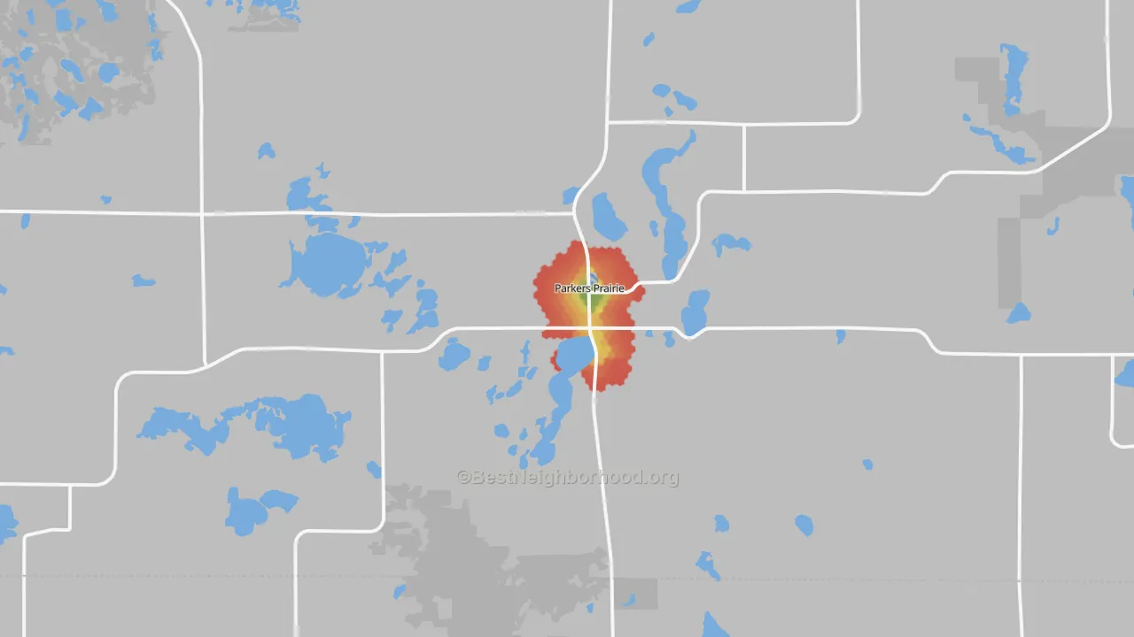 Walk Grade map of Parkers Prairie, MN, walkable areas in green and car-dependent areas in red