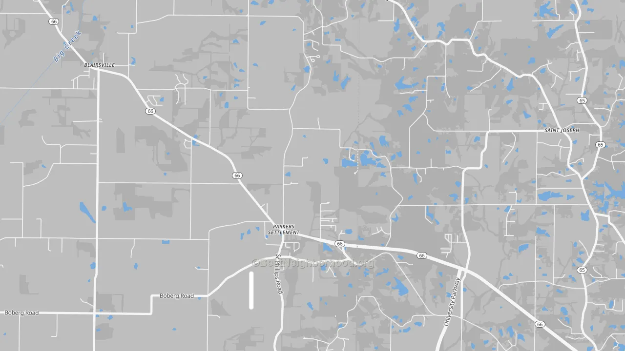 Walk Grade map of Parkers Settlement, IN, walkable areas in green and car-dependent areas in red