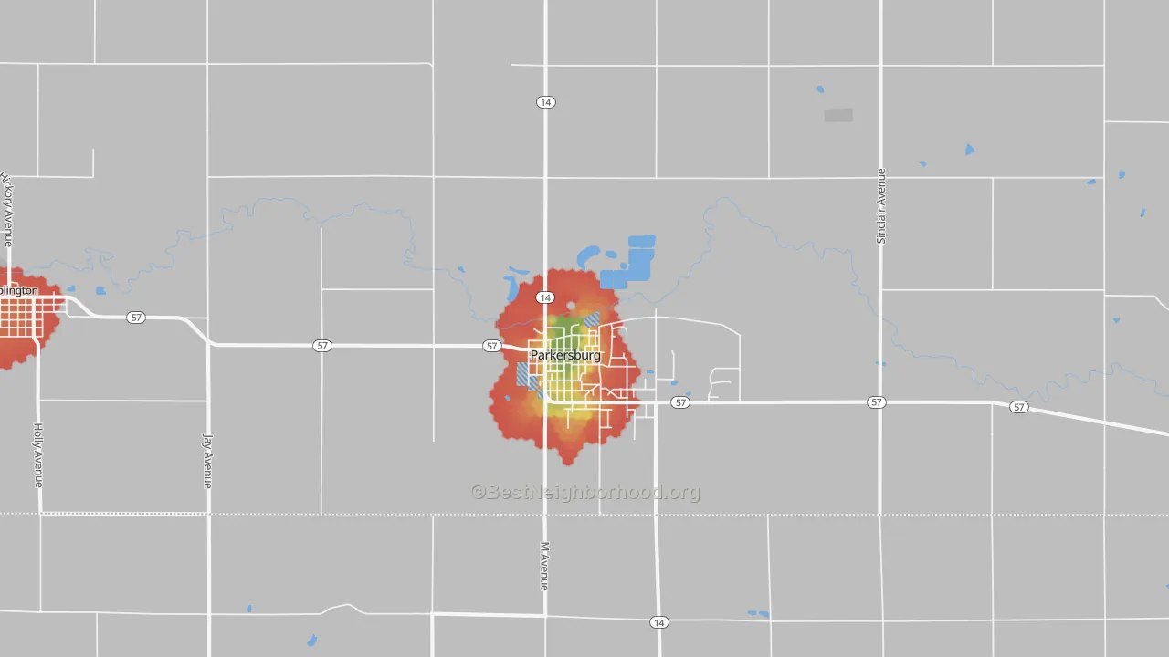 Walk Grade map of Parkersburg, IA, walkable areas in green and car-dependent areas in red