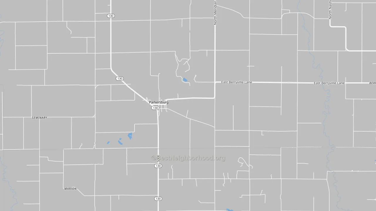 Walk Grade map of Parkersburg, IL, walkable areas in green and car-dependent areas in red