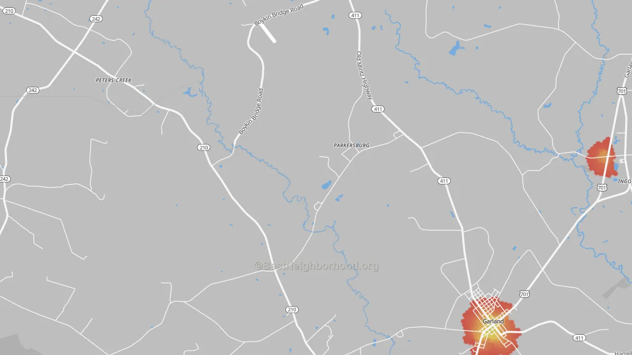 Walk Grade map of Parkersburg, NC, walkable areas in green and car-dependent areas in red