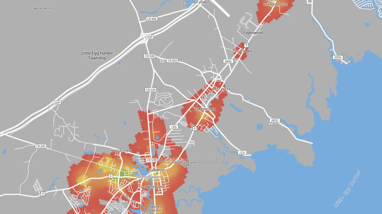 Walk Grade map of Parkertown, NJ, walkable areas in green and car-dependent areas in red