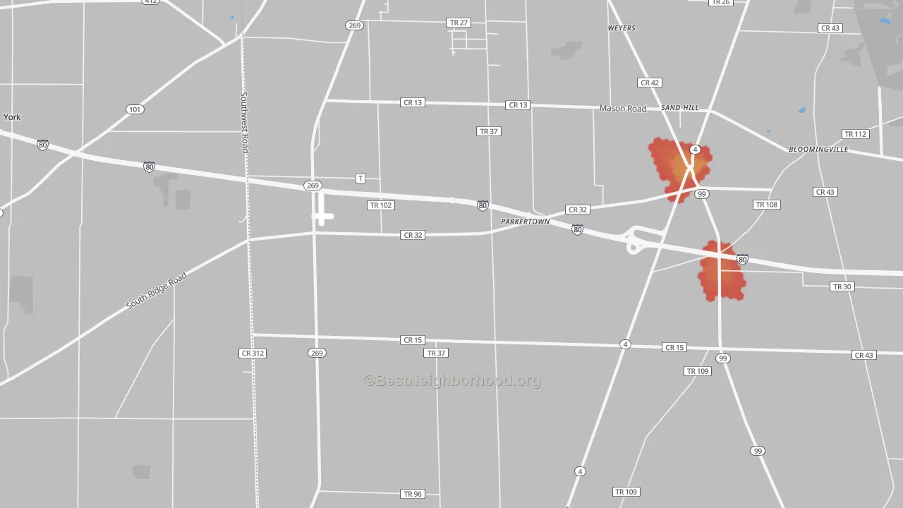 Walk Grade map of Parkertown, OH, walkable areas in green and car-dependent areas in red