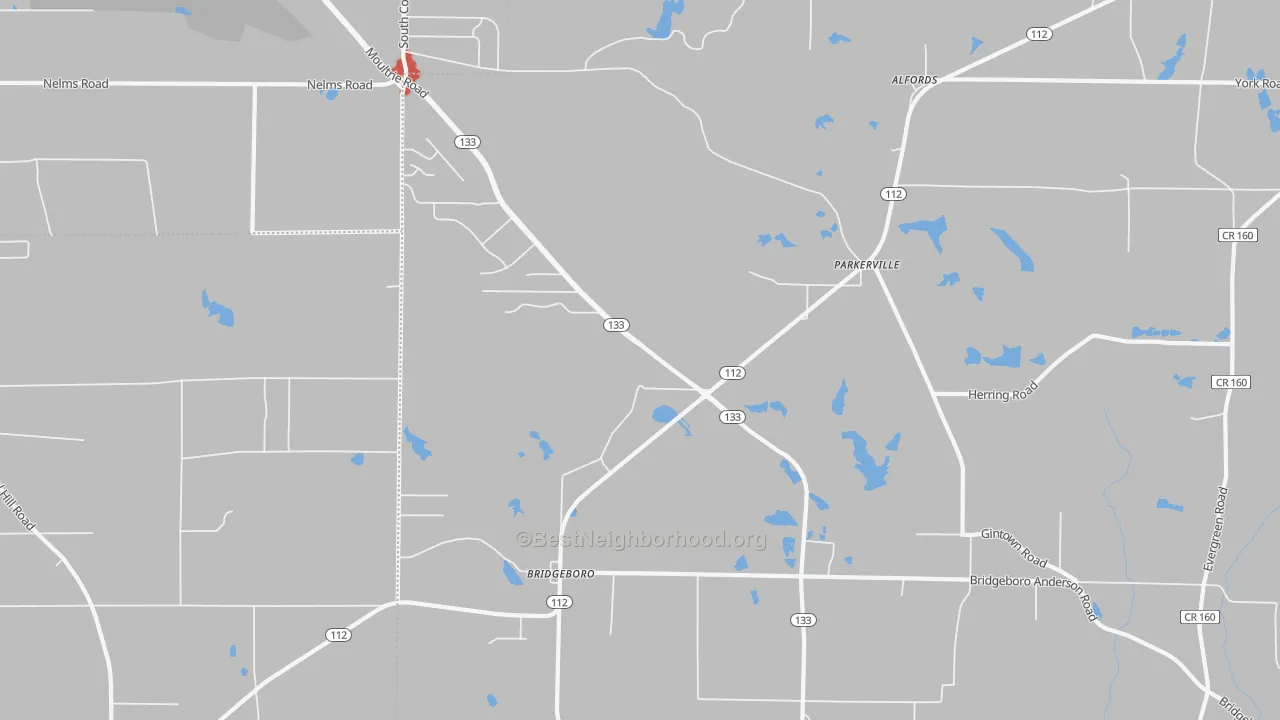 Walk Grade map of Parkerville, GA, walkable areas in green and car-dependent areas in red