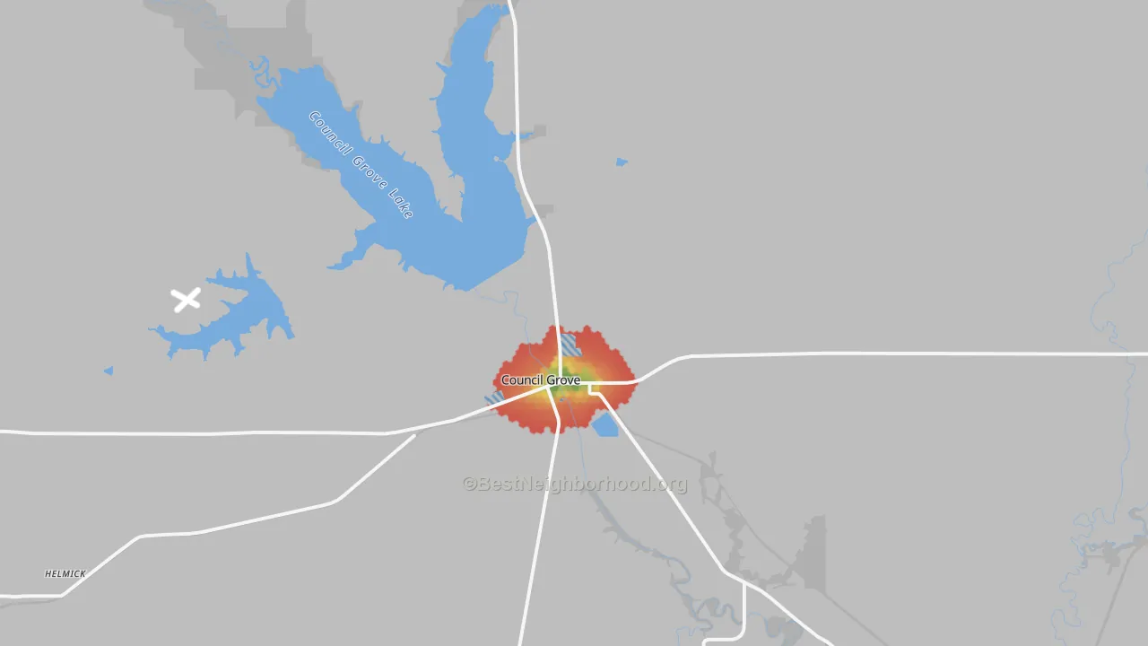 Walk Grade map of Parkerville, KS, walkable areas in green and car-dependent areas in red