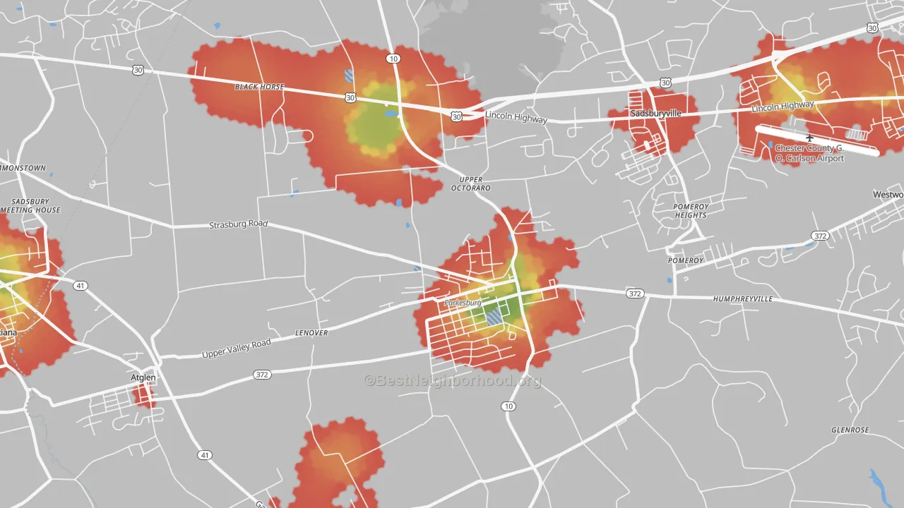 Walk Grade map of Parkesburg, PA, walkable areas in green and car-dependent areas in red
