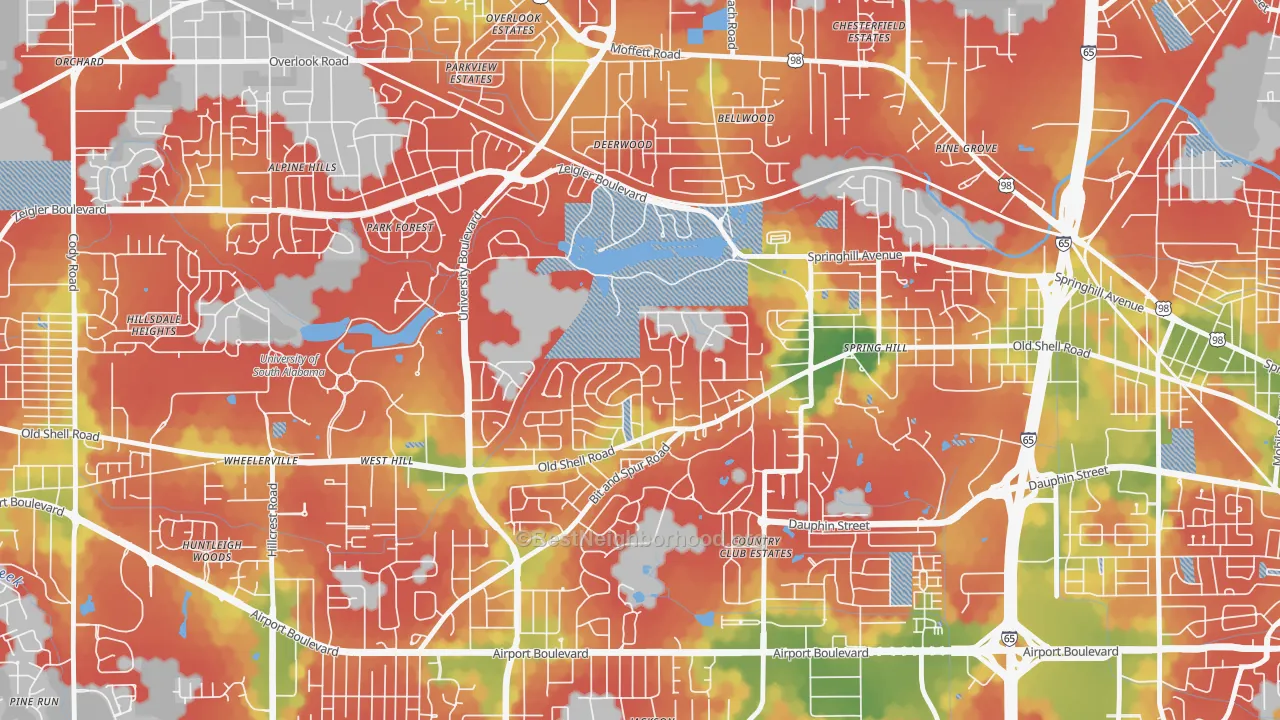 Walk Grade map of Parkhill, Mobile, AL, walkable areas in green and car-dependent areas in red