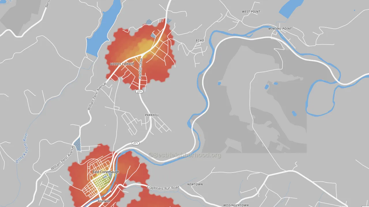 Walk Grade map of Parkhill, PA, walkable areas in green and car-dependent areas in red