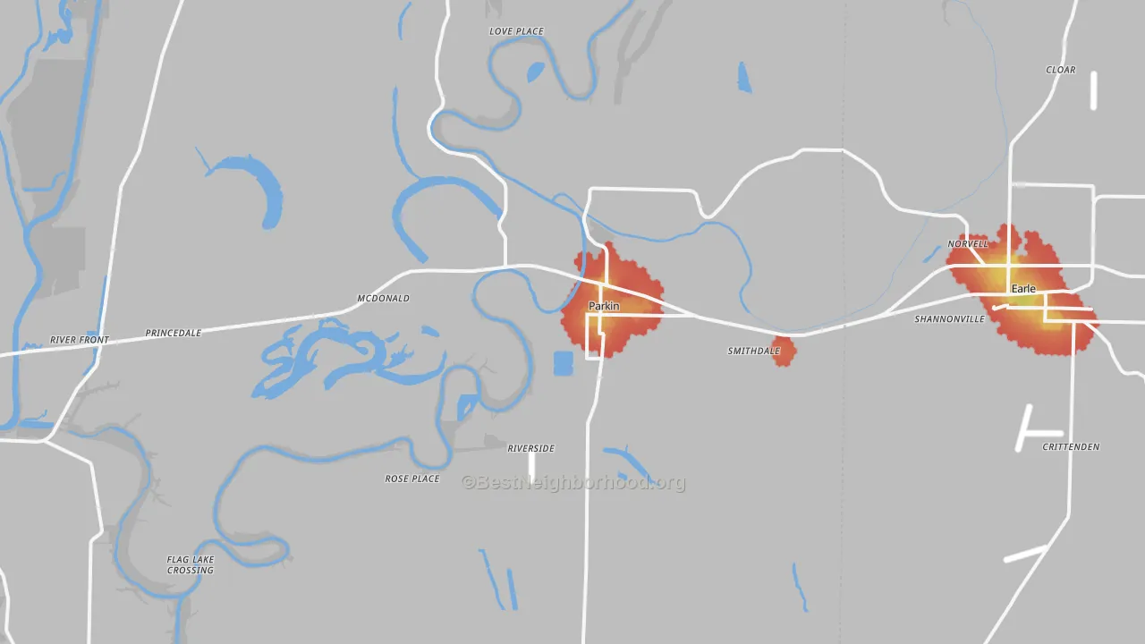 Walk Grade map of Parkin, AR, walkable areas in green and car-dependent areas in red