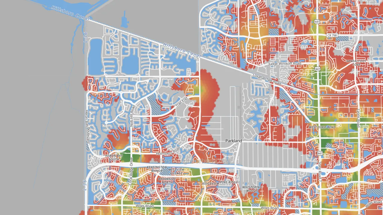 Walk Grade map of Parkland, FL, walkable areas in green and car-dependent areas in red