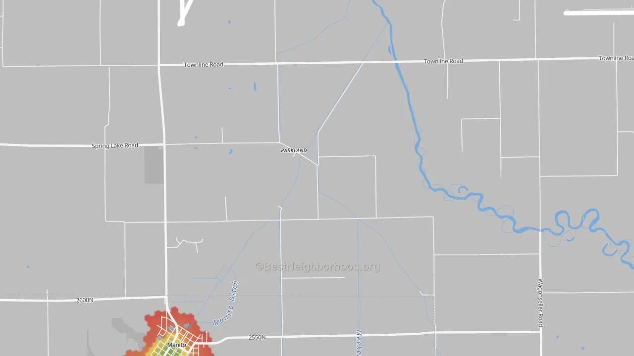 Walk Grade map of Parkland, IL, walkable areas in green and car-dependent areas in red