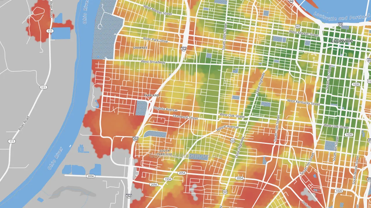 Walk Grade map of Parkland, Louisville, KY, walkable areas in green and car-dependent areas in red