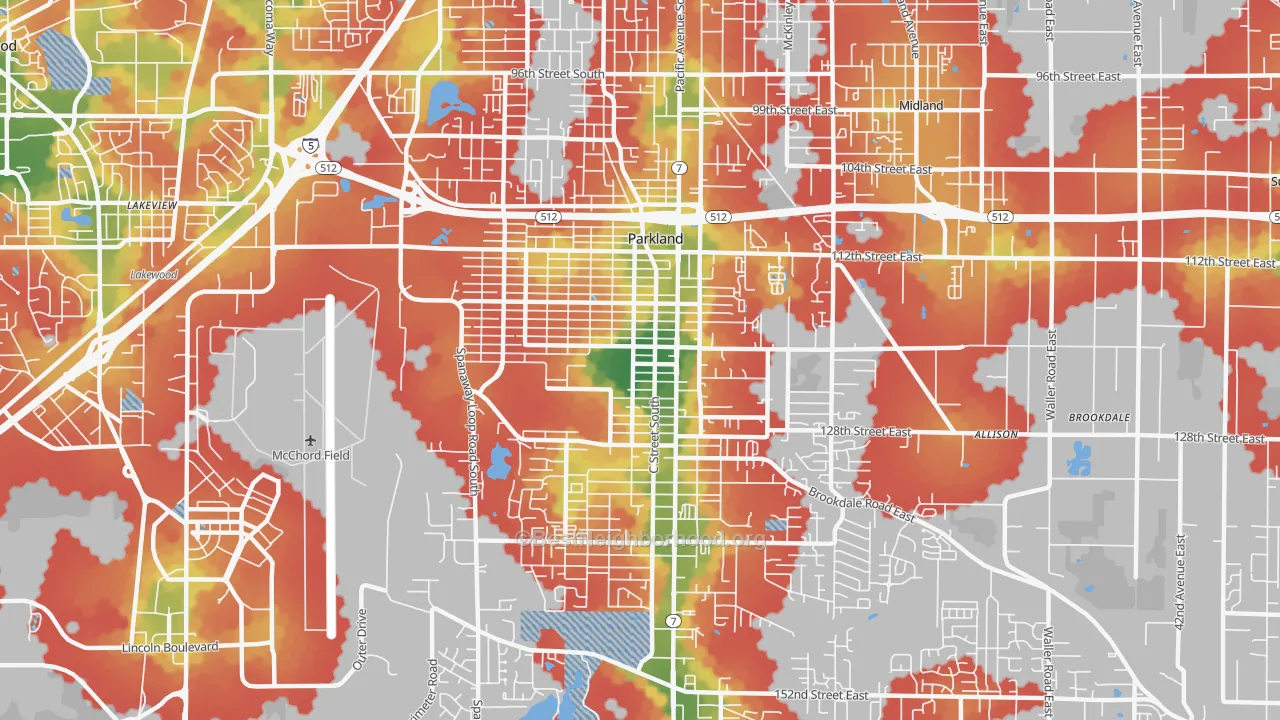 Walk Grade map of Parkland, WA, walkable areas in green and car-dependent areas in red