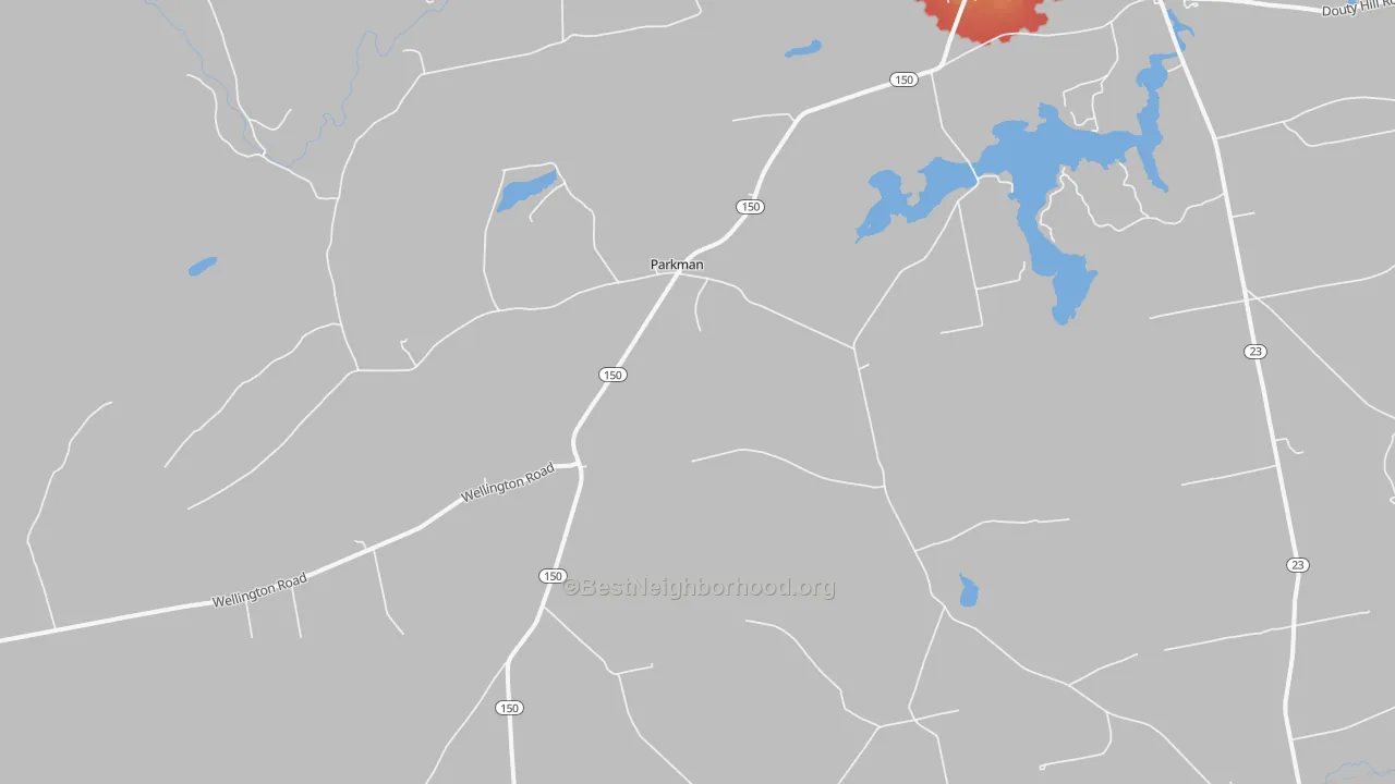 Walk Grade map of Parkman, ME, walkable areas in green and car-dependent areas in red