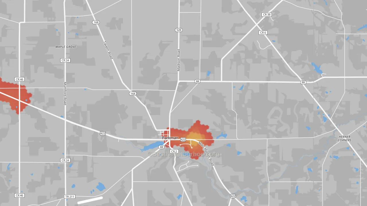 Walk Grade map of Parkman, OH, walkable areas in green and car-dependent areas in red