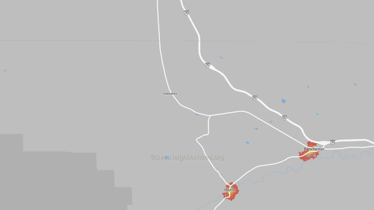 Walk Grade map of Parkman, WY, walkable areas in green and car-dependent areas in red