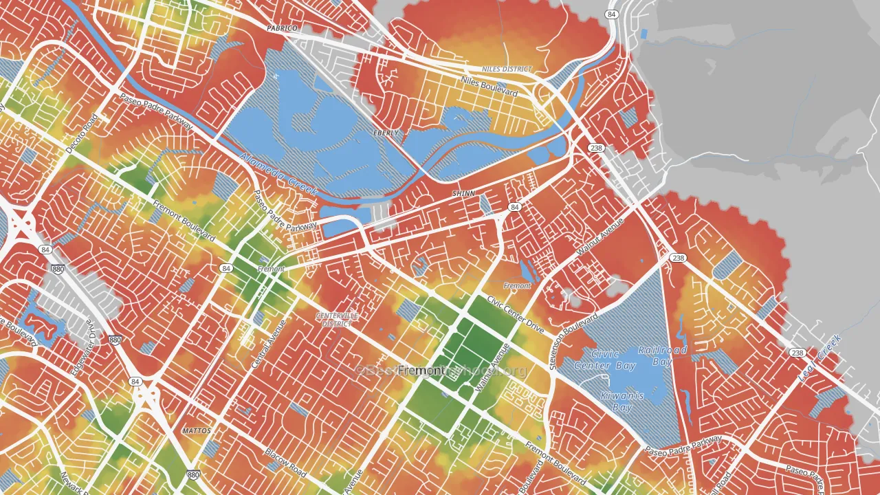 Walk Grade map of Parkmont, Fremont, CA, walkable areas in green and car-dependent areas in red