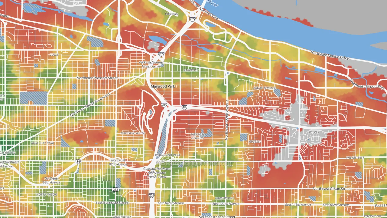 Walk Grade map of Parkrose, Portland, OR, walkable areas in green and car-dependent areas in red