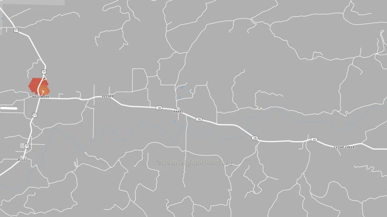 Walk Grade map of Parks, AR, walkable areas in green and car-dependent areas in red