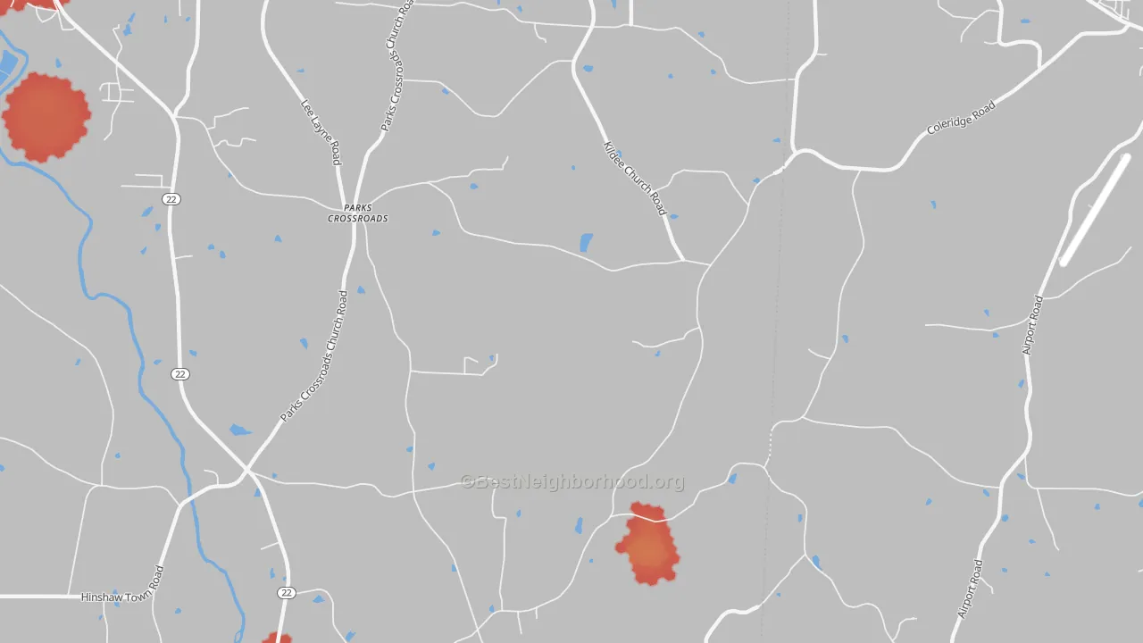 Walk Grade map of Parks Crossroads, NC, walkable areas in green and car-dependent areas in red