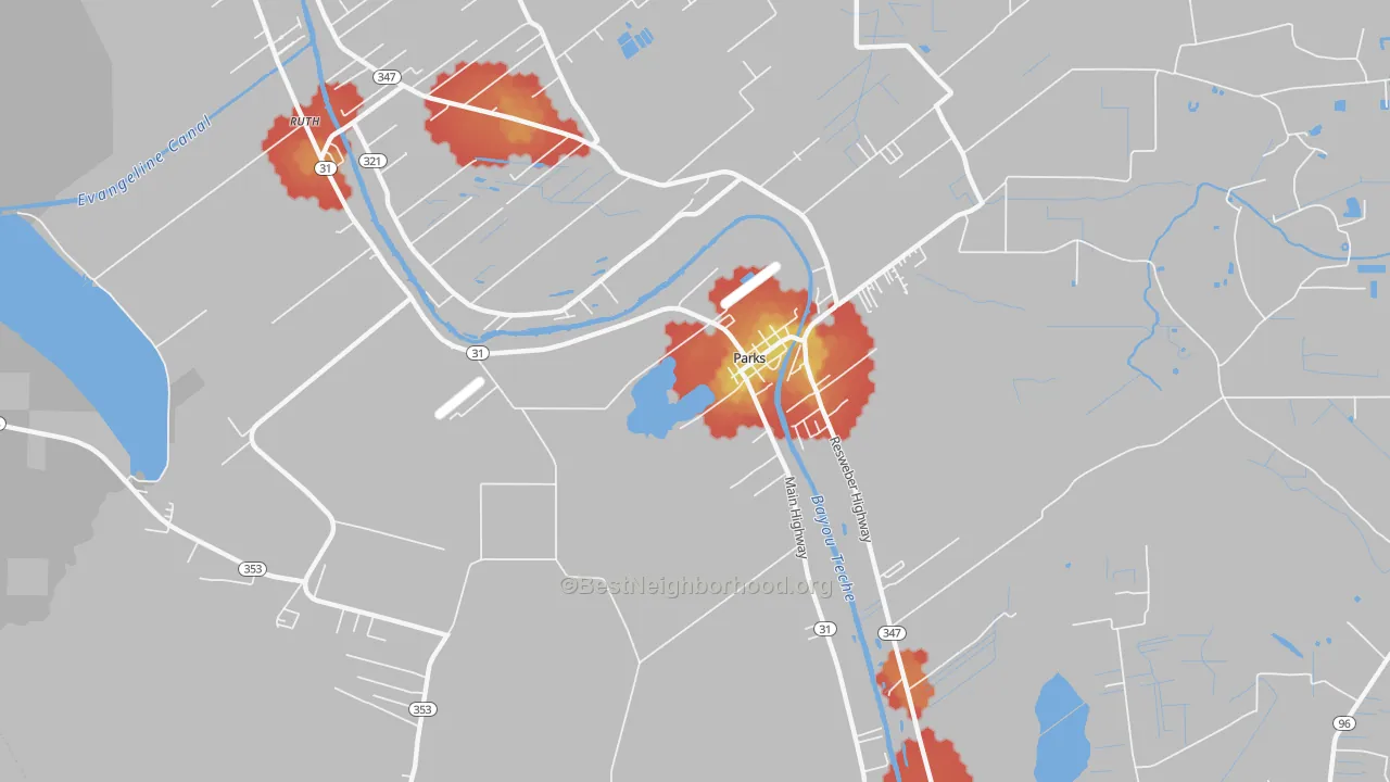 Walk Grade map of Parks, LA, walkable areas in green and car-dependent areas in red