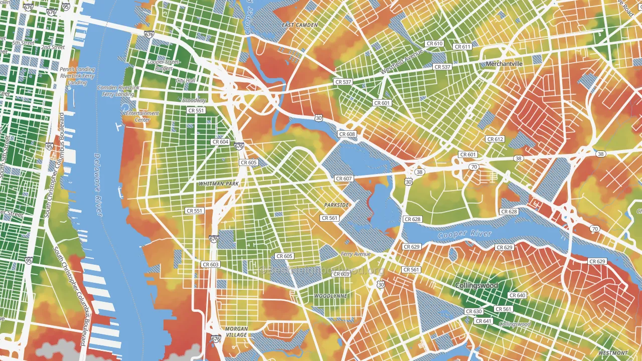 Walk Grade map of Parkside, Camden, NJ, walkable areas in green and car-dependent areas in red