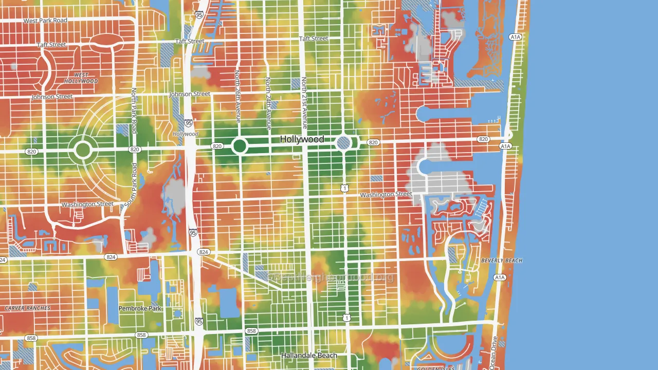 Walk Grade map of Parkside, Hollywood, FL, walkable areas in green and car-dependent areas in red