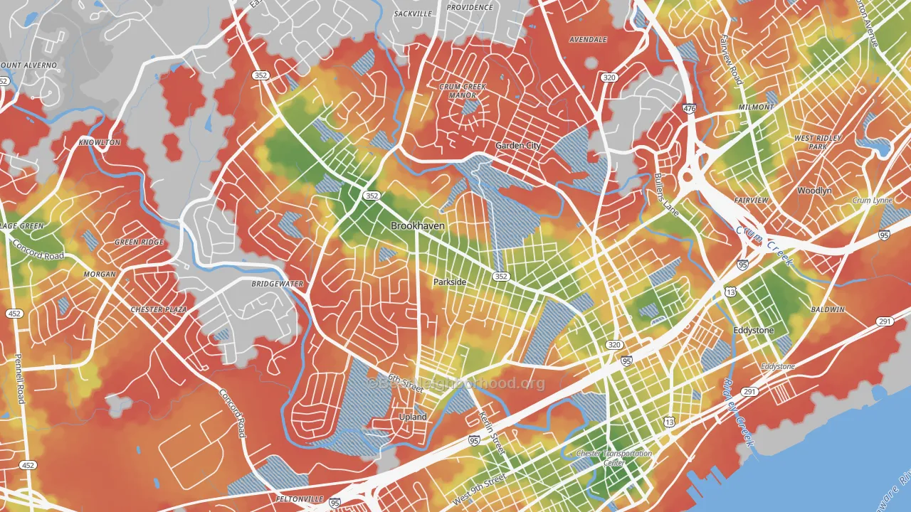 Walk Grade map of Parkside, PA, walkable areas in green and car-dependent areas in red