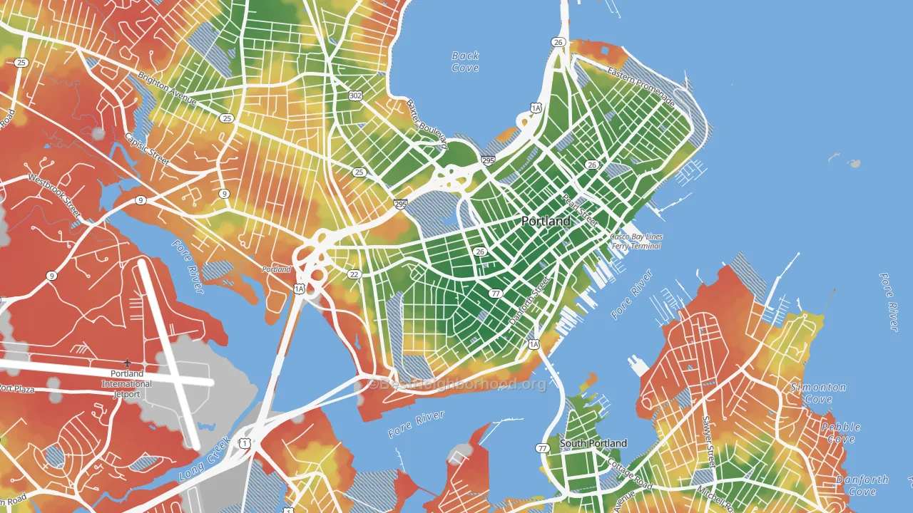 Walk Grade map of Parkside, Portland, ME, walkable areas in green and car-dependent areas in red
