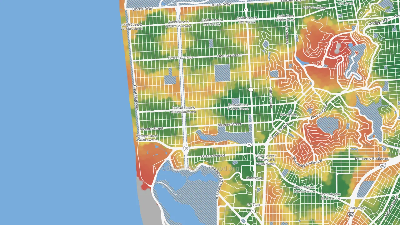 Walk Grade map of Parkside, San Francisco, CA, walkable areas in green and car-dependent areas in red