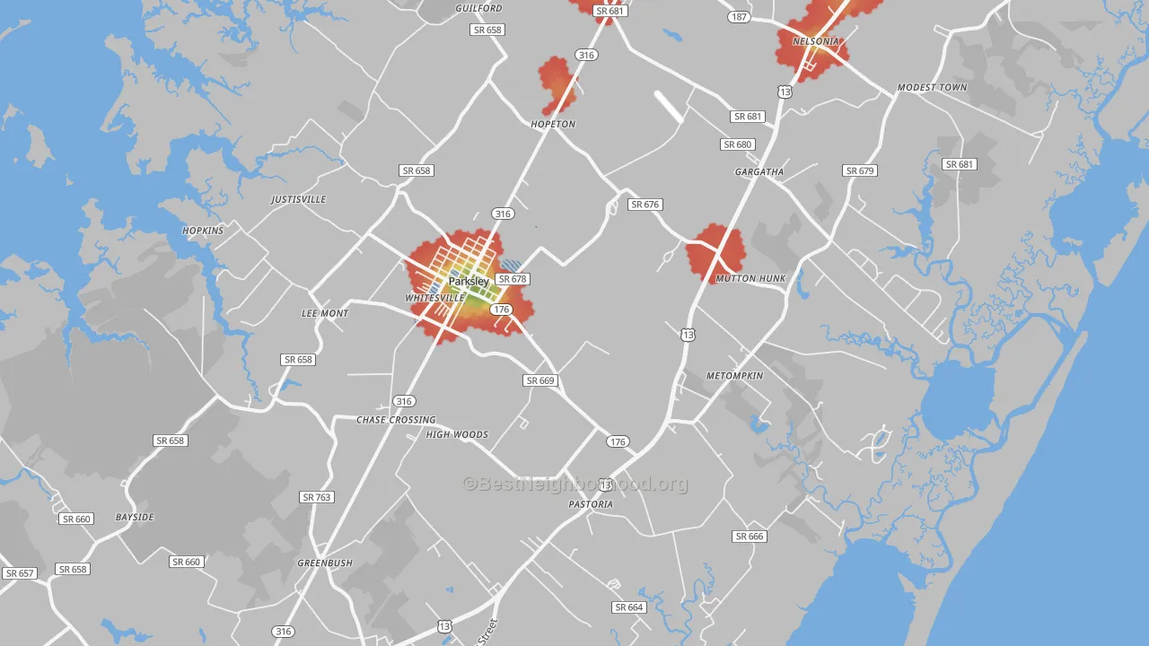 Walk Grade map of Parksley, VA, walkable areas in green and car-dependent areas in red