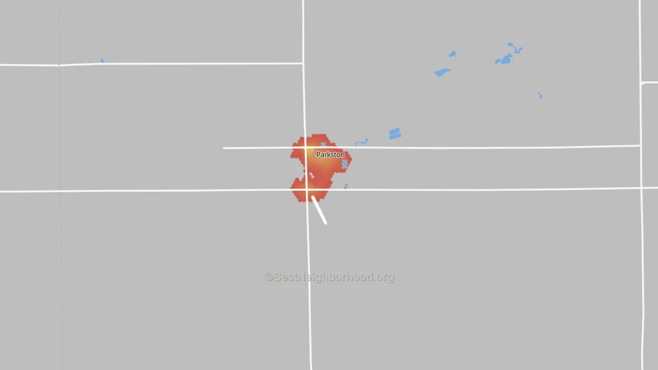 Walk Grade map of Parkston, SD, walkable areas in green and car-dependent areas in red