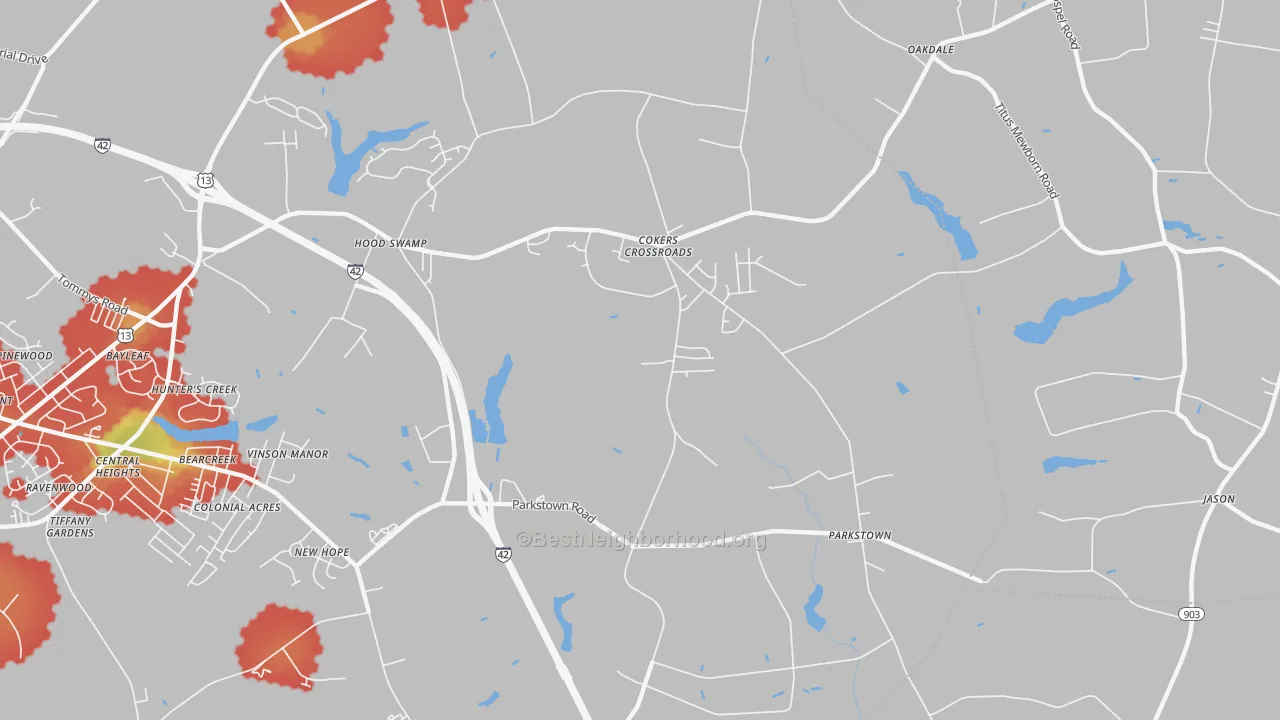 Walk Grade map of Parkstown, NC, walkable areas in green and car-dependent areas in red