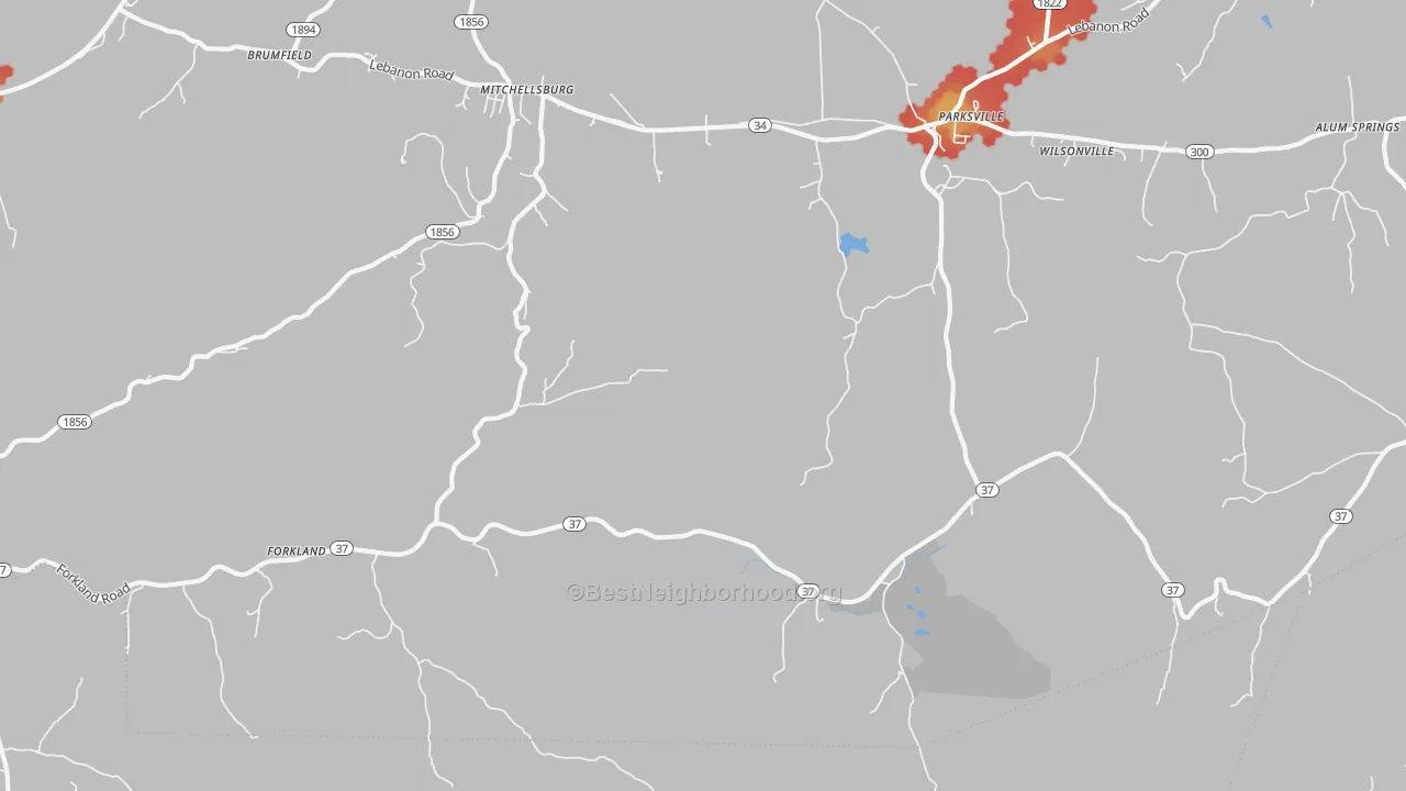 Walk Grade map of Parksville, KY, walkable areas in green and car-dependent areas in red