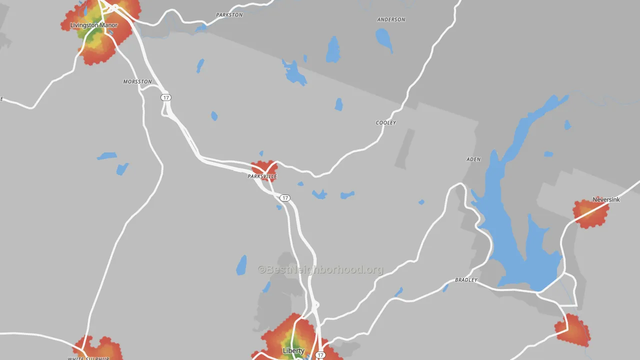 Walk Grade map of Parksville, NY, walkable areas in green and car-dependent areas in red