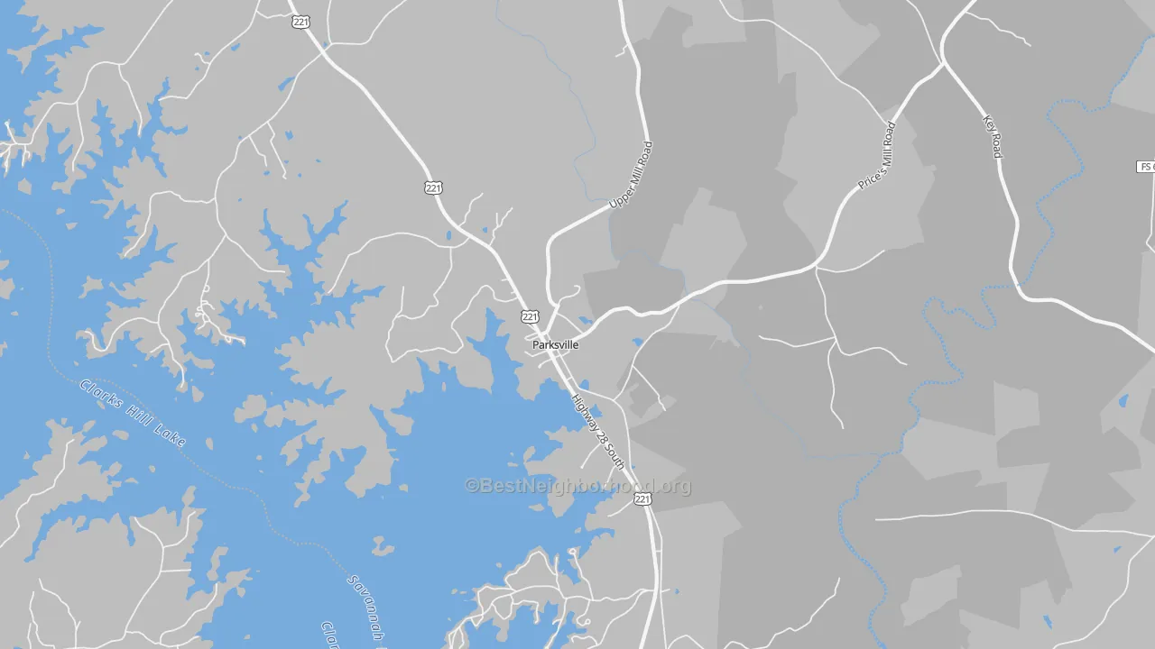 Walk Grade map of Parksville, SC, walkable areas in green and car-dependent areas in red
