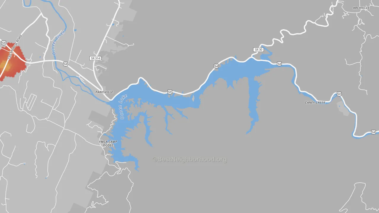 Walk Grade map of Parksville, TN, walkable areas in green and car-dependent areas in red