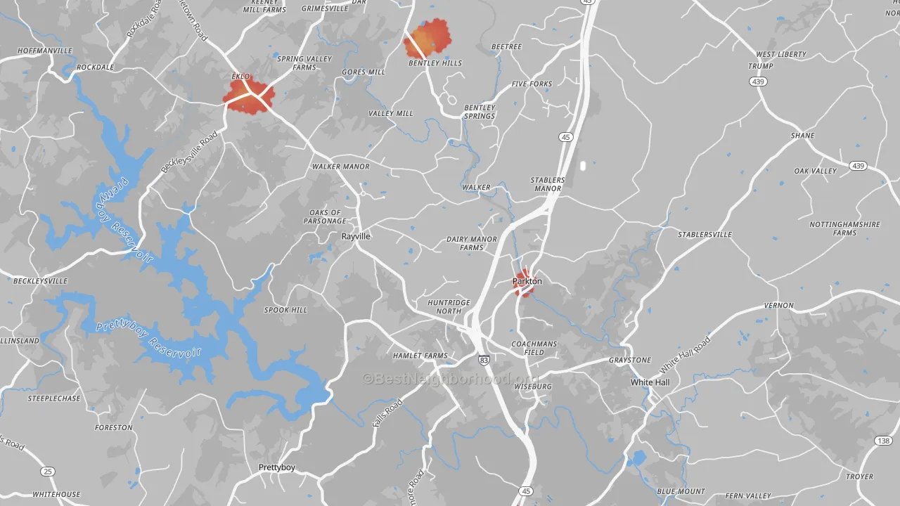 Walk Grade map of Parkton, MD, walkable areas in green and car-dependent areas in red