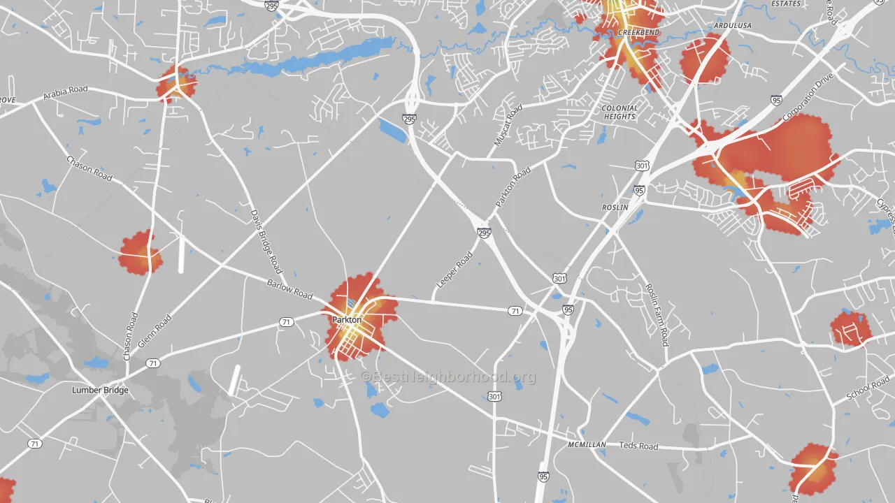 Walk Grade map of Parkton, NC, walkable areas in green and car-dependent areas in red