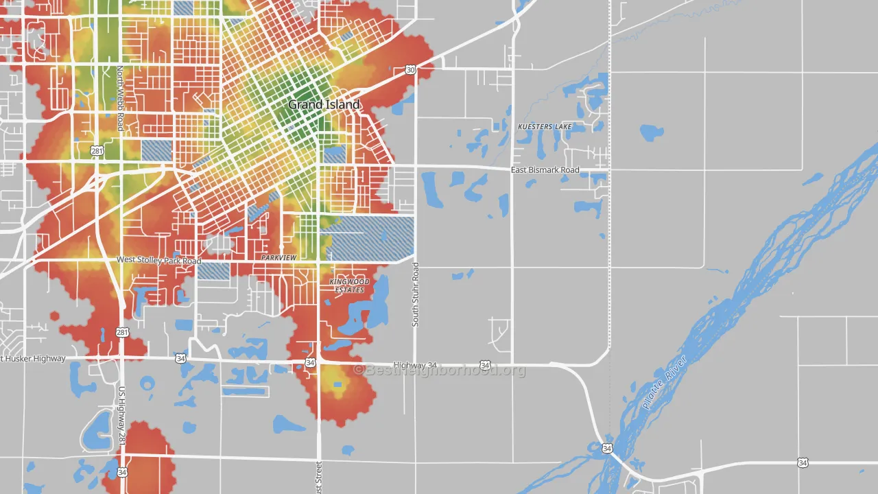 Walk Grade map of Parkview, NE, walkable areas in green and car-dependent areas in red